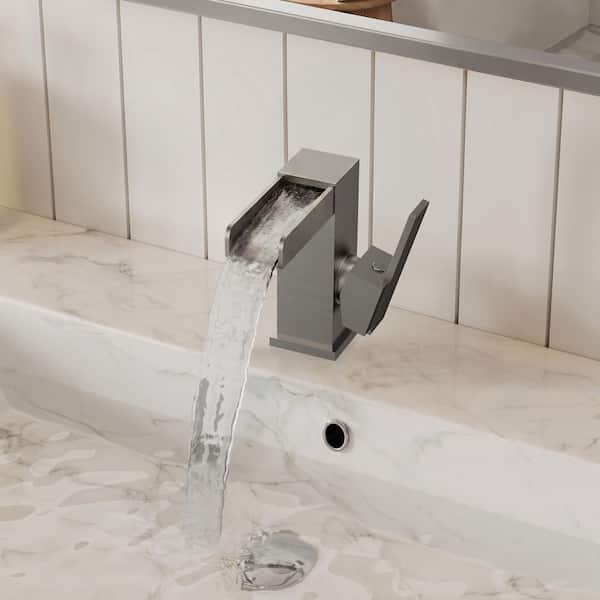 Single Handle Single Hole Bathroom Sink Faucet with Waterfall Spout and Pop-up Drain in Brushed Nickel (1-Pack)