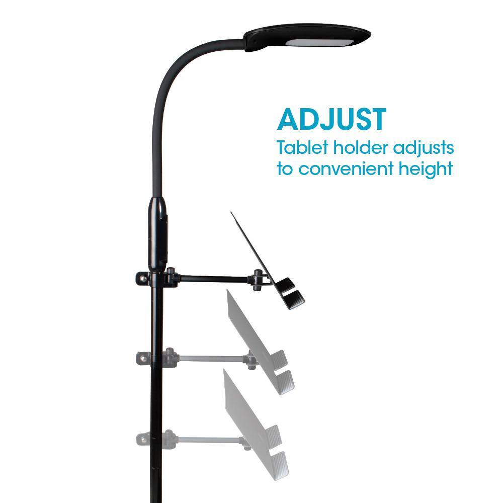 Adjustable Black LED Floor Lamp with USB Charging and Tablet Stand