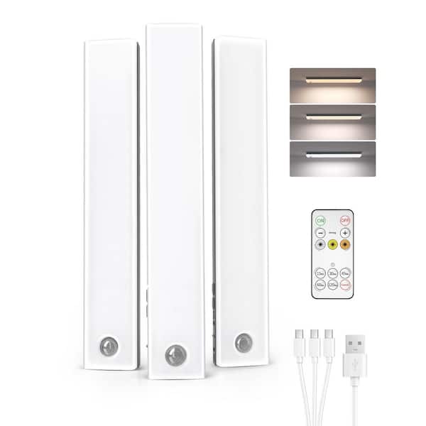 9.06 in. 3-Pack Battery Operated Wireless USB Charging White Integrated LED Linkable Under Cabinet Light, Closet Light