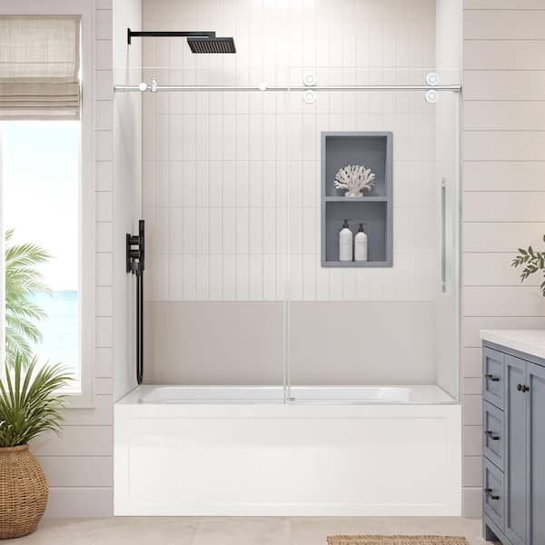 56-60 in. W x 58 in. H Single Sliding Frameless Tub Shower Door in Chrome with Easy-Clean Nano-Coated Tempered Glass