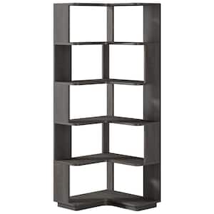 Jannelly 65 in. Gray Engineered Wood 6-Shelf Corner Standard Bookcase Bookshelf with Anti-Drop Panel