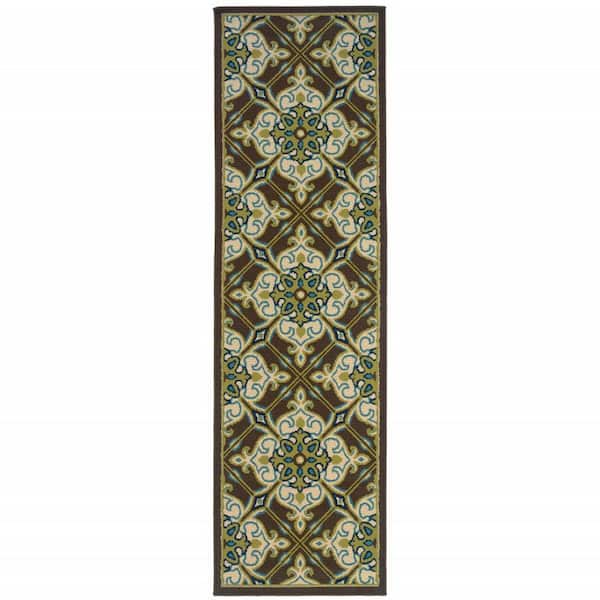 Brown, Ivory 2 ft. x 8 ft. Loomed Polypropylene Rectangle Indoor/Outdoor Area Rug