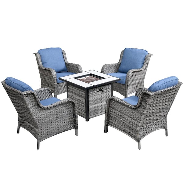 XIZZI Erie Lake Gray 5-Piece Wicker Outdoor Patio Fire Pit Seating Sofa Set and with Denim Blue Cushions