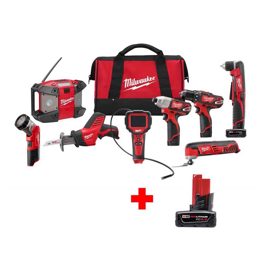 Milwaukee M12 12V Lithium-Ion Cordless Combo Tool Kit (8-Tool) with 6.0 Ah Battery -  2495-28-48