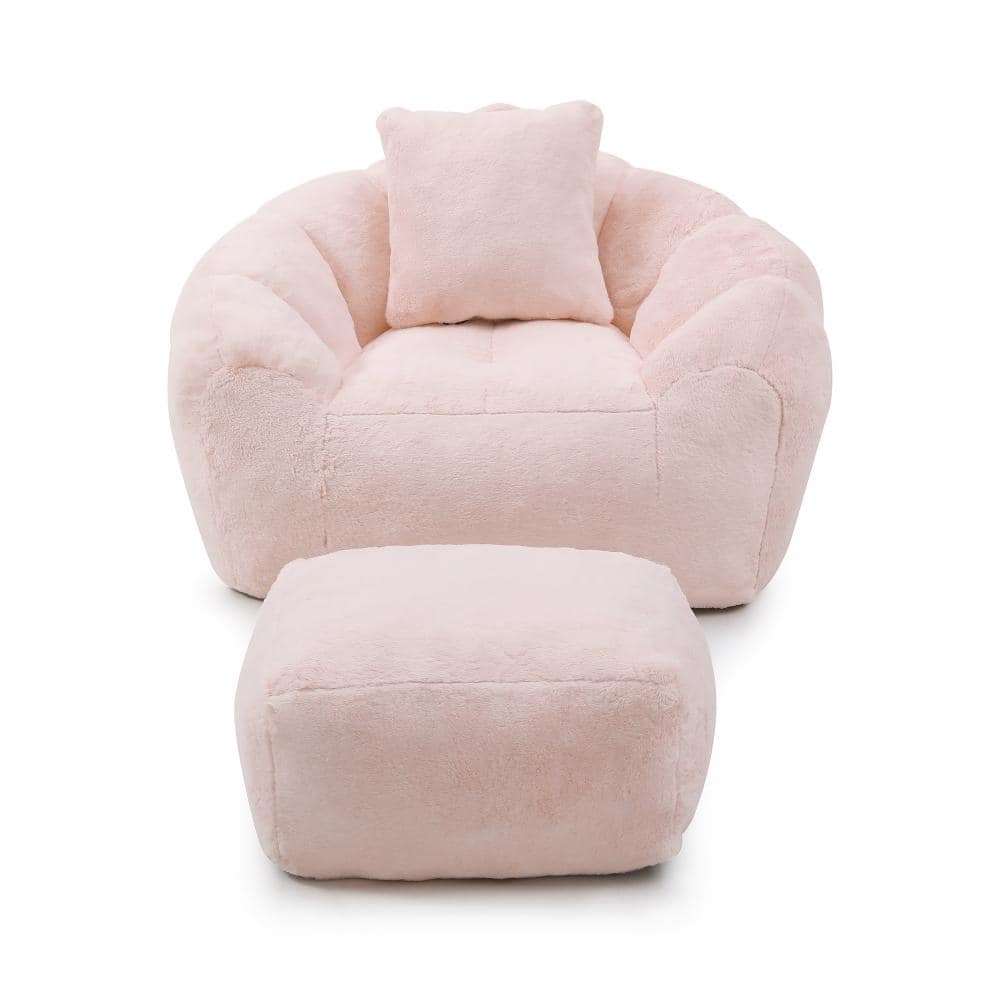 Pink Faux Fur Large (45.4 in.) Bean Bag with Footstool, Oversized Shell-Shaped Chair for Adults & Kids, Soft Floor Sofa