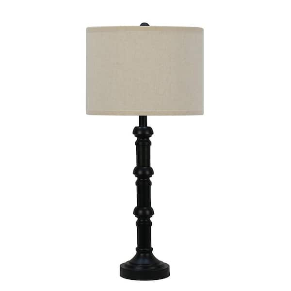 30.75 in. Satin Black Stacked Candlestick Metal Table Lamp with Designer Shade