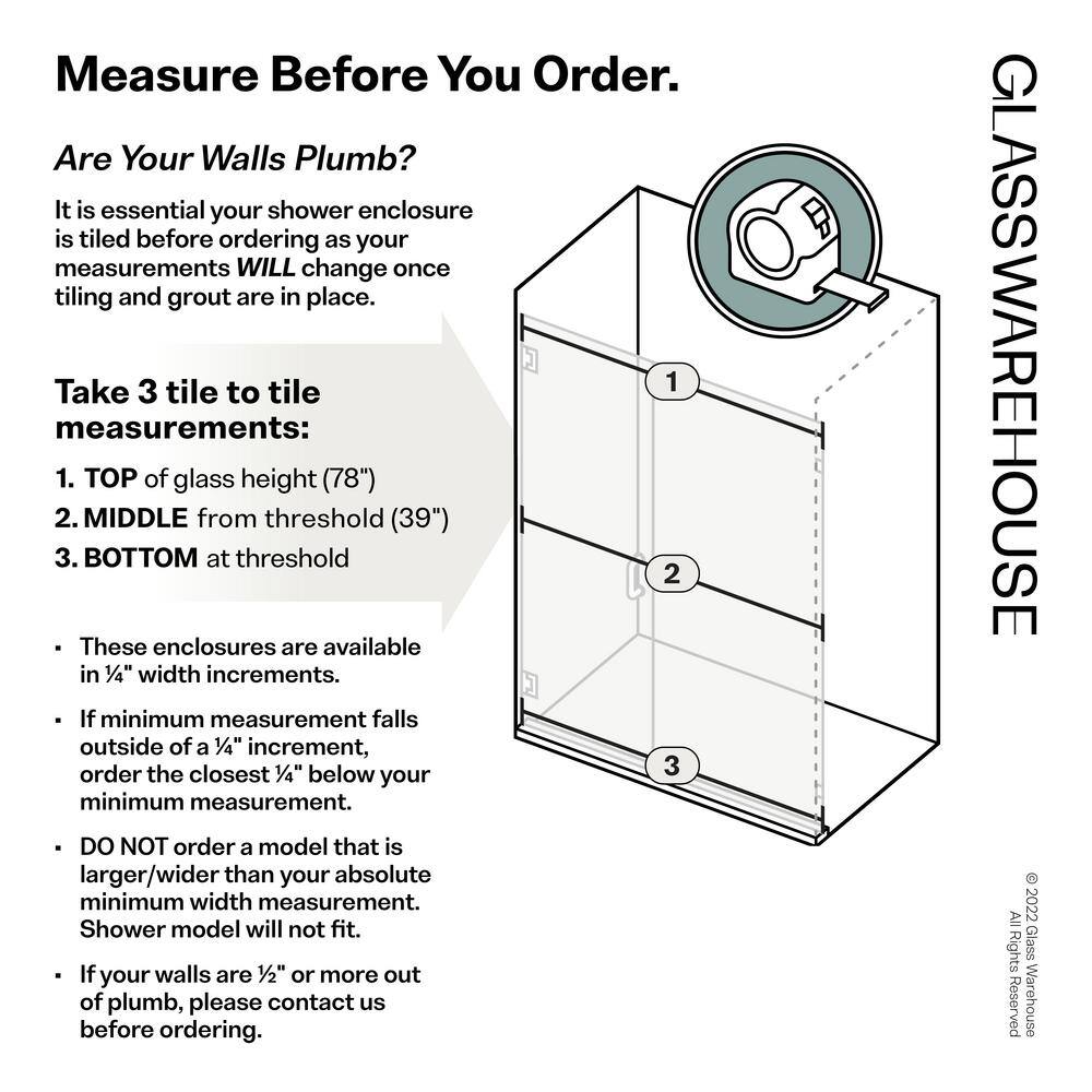 Matte Black Frameless Glass Wall Hinge Shower Door, 78" x 45.25"