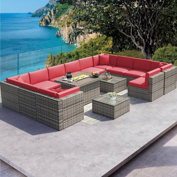 Sizzim 15-Piece Wicker Patio Conversation Set with Red Cushions/Steel Fire Pit
