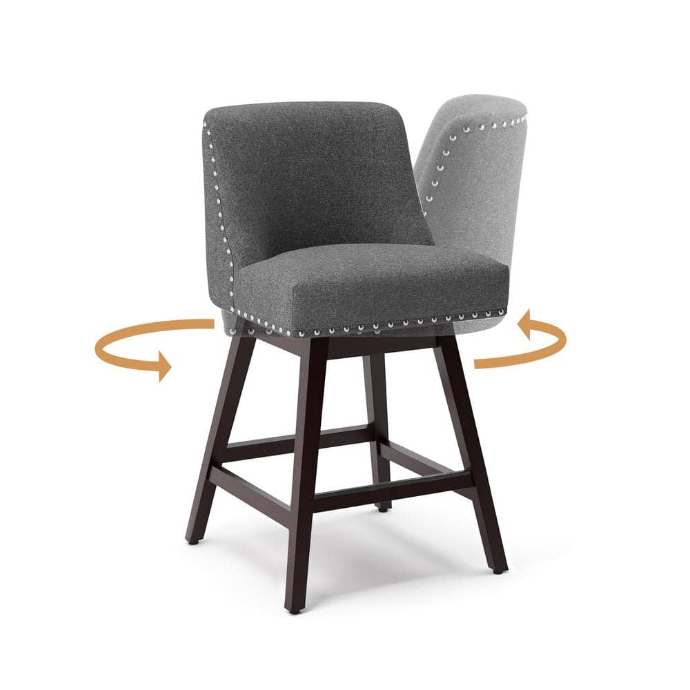 Charcoal Gray Swivel Counter Height Bar Stools with Wood Legs, Set of 2