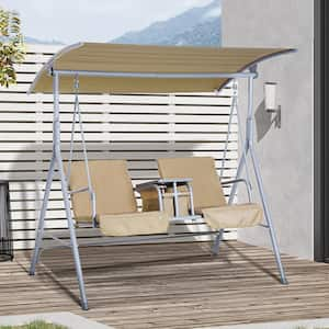 2-Person Porch Swing with Stand, Outdoor Swing with Canopy, Pivot Storage Table, 2 Cup Holders