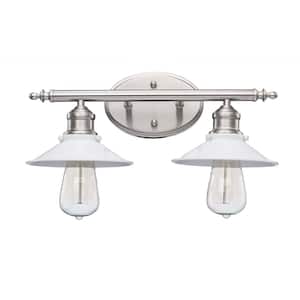 Glenhurst 2-Light White and Brushed Nickel Industrial Farmhouse Bathroom Vanity Light Fixture with Metal Shades