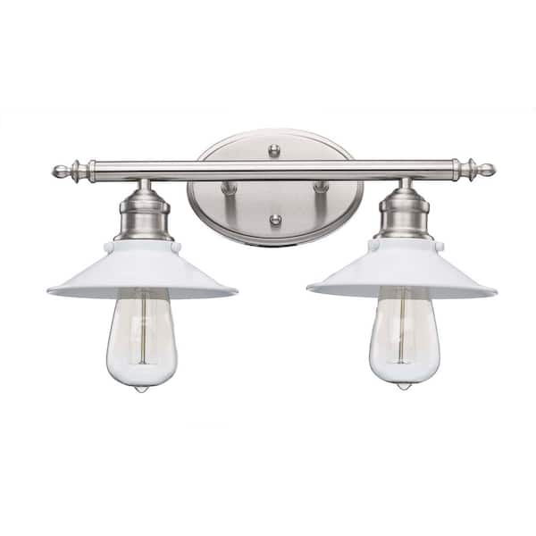 Hampton Bay Glenhurst 16 in. 2-Light Industrial Farmhouse White and Brushed Nickel Bathroom Vanity Light Fixture with Metal Shades