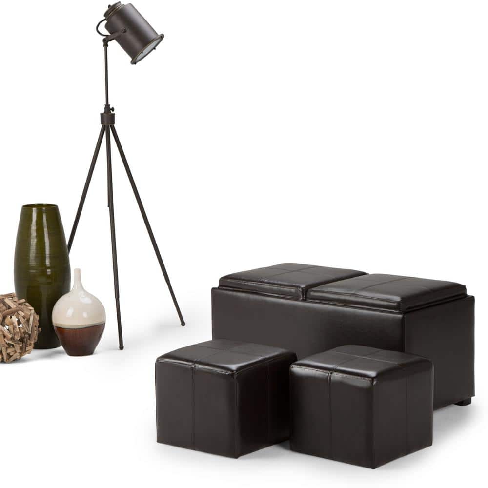 Brown Faux Leather 5-Piece Storage Ottoman Set
