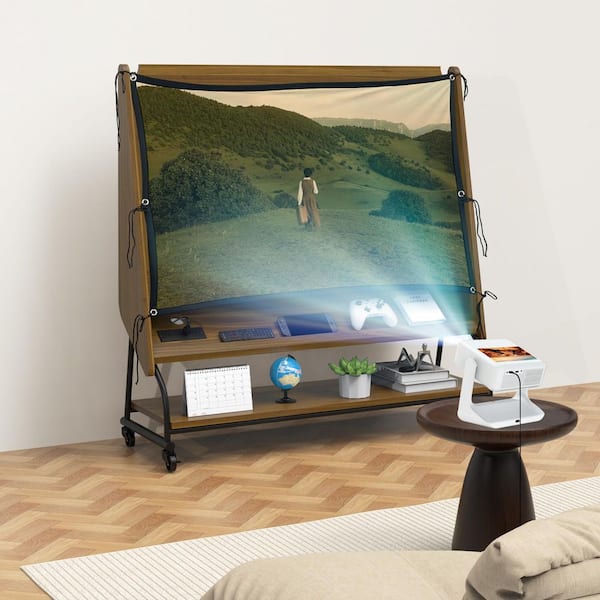 Walnut Mobile TV Stand Fits TV's up to 32 to 50 in. Adjustable Rolling TV Cart w/ Mount, Projector Screen, Power Outlets