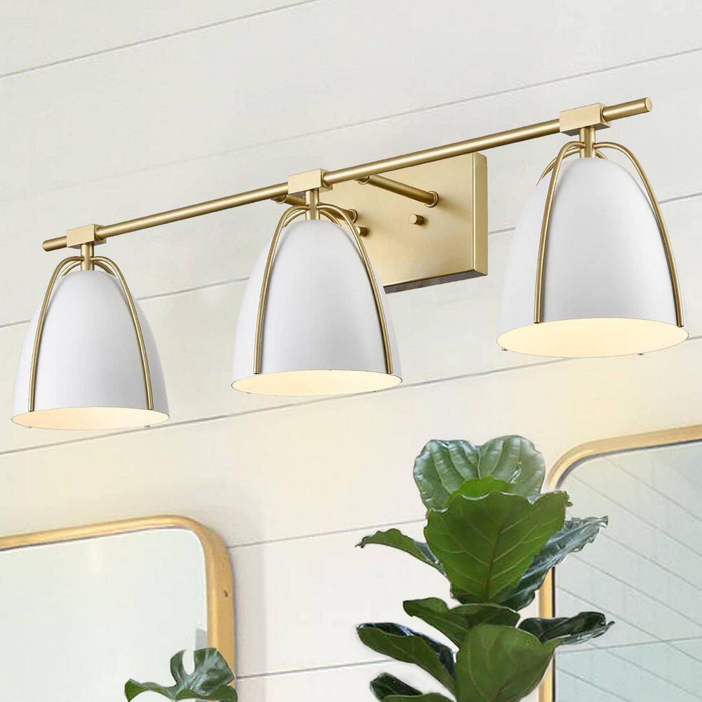 Brushed Brass 29" Vanity Light with White Metal Dome Shades
