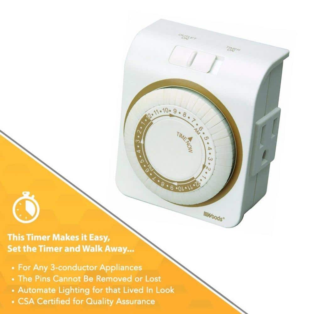 White and Taupe Mechanical 24-Hour Timer for Indoor Lamps and Appliances