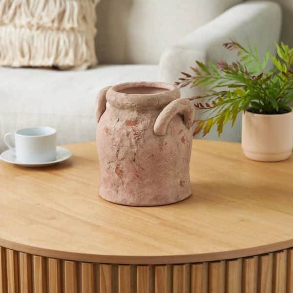 Litton Lane 8 in. Pink Antique Style Distressed Stoneware Round Decorative Vase with Handles