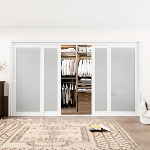 144 in. x 80 in. 1-Lite Tempered Frosted Glass White Finished Solid Core Interior Closet Sliding Door with Hardware