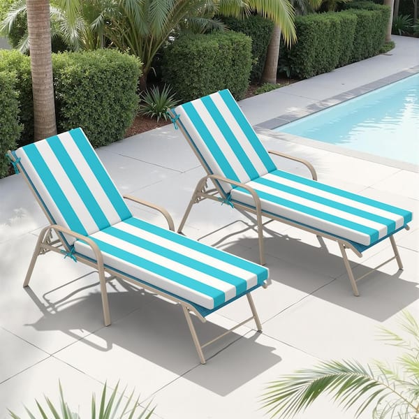 2-Piece Aluminum Outdoor Reclining Adjustable Chaise Lounge in Blue with Patio Cushions in Blue and White Stripe