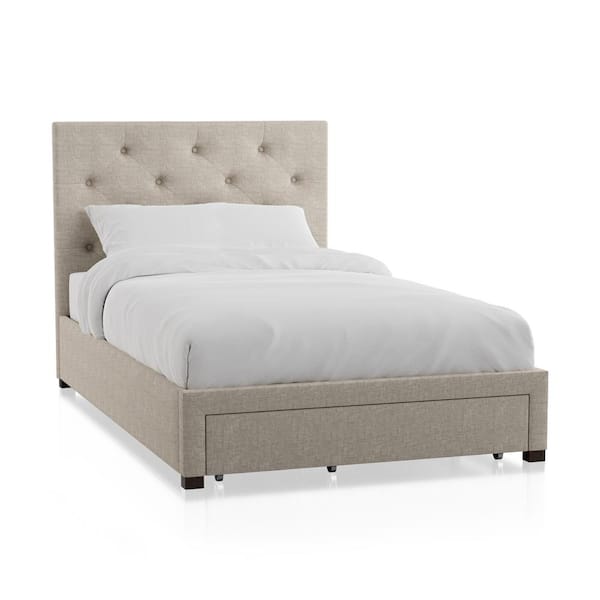 Furniture of America Stevies Beige Full Upholstered Wood Frame Platform Bed With Foot Drawer