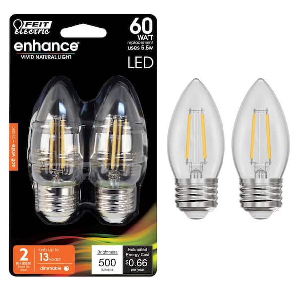 60-Watt Equivalent B10 E26 Medium Dimmable Filament CEC Blunt Tip Chandelier LED Light Bulb, Soft White 2700K (2-Pack)