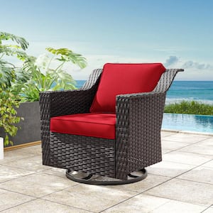 Wicker Outdoor Rocking Chair Patio Swivel Chair with Red Cushions