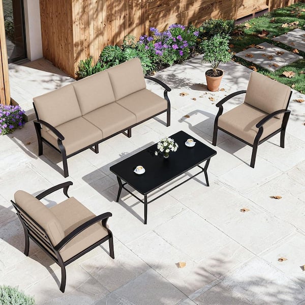 5-Piece Patio Aluminum Conversation Set with Rectangular Table and Sand Cushions, All-Weather Resistant