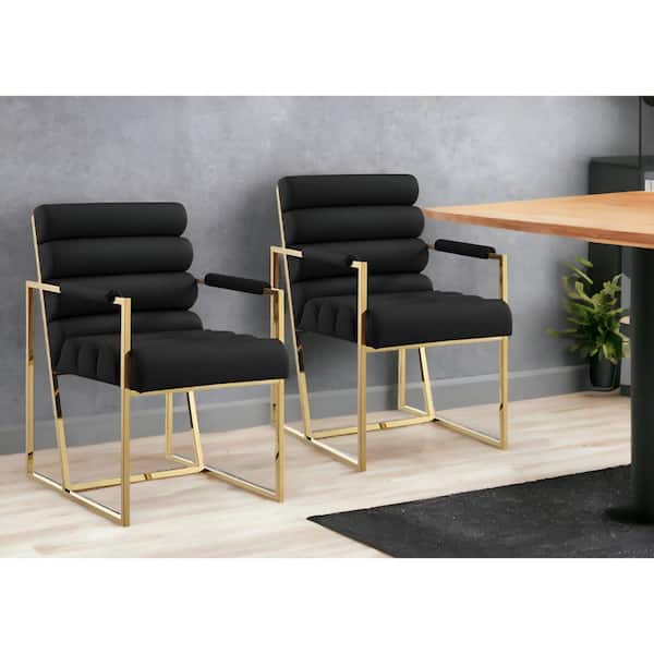 HomeRoots Tufted Black And Gold Upholstered Faux Leather Arm Chair (Set of 2)