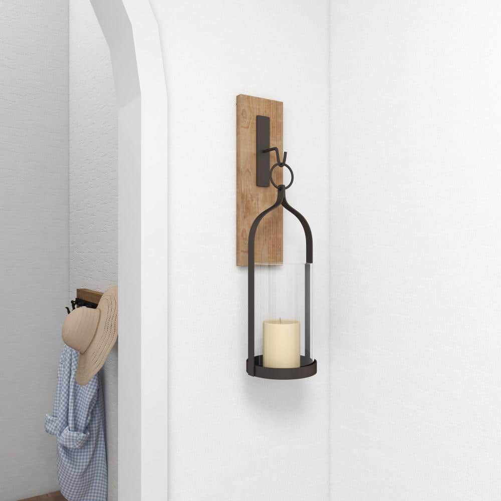 Elegant Black Wood and Glass Hanging Candle Lantern Sconce 22.75"