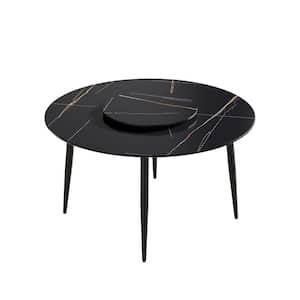 53.15 in. Circular Sintered Stone Tabletop Kitchen Dining Table with Lazy Susan with 4 Black Metal Legs (6 Seats)