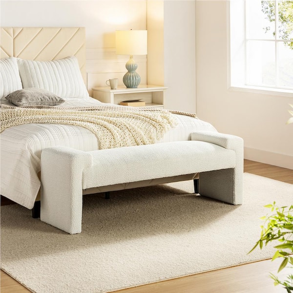 Johannes Ivory Transitional Upholstered Boucle 58.5 in Bedroom Bench with Foot Pads