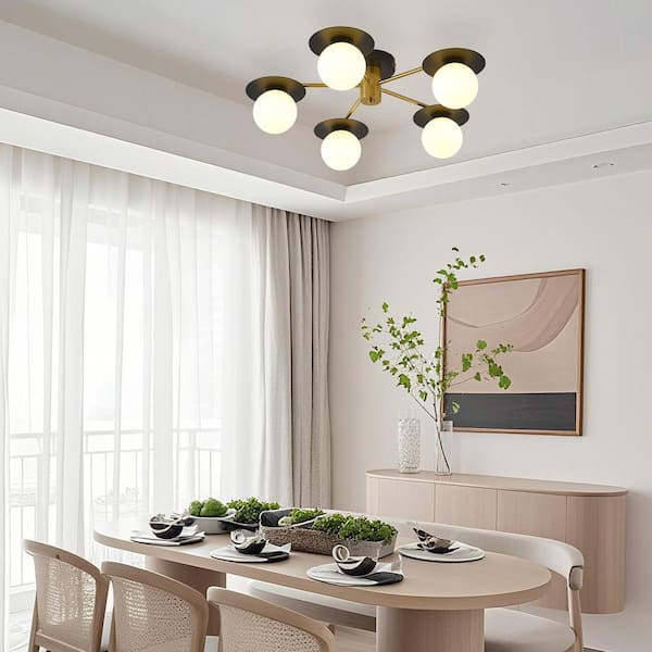 PAKOKULA 22.91 in. 5-Light Matte Black and Gold Industrial Semi