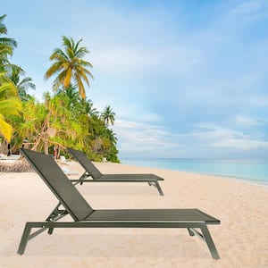 2-Piece Gray Aluminum Metal Outdoor Chaise Lounge with Five-Position Adjustable Recliner, All Weather for Patio, Beach