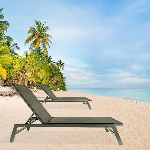 Unbranded 2-Piece Gray Aluminum Metal Outdoor Chaise Lounge with Five-Position Adjustable Recliner, All Weather for Patio, Beach
