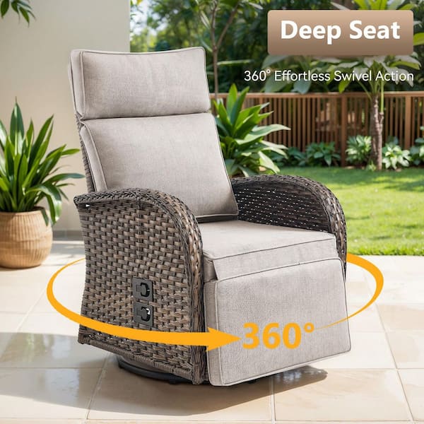 PlainCurve 4-Piece Brown Wicker Outdoor Adjustable Swivel Recliner Chair with Beige Cushions