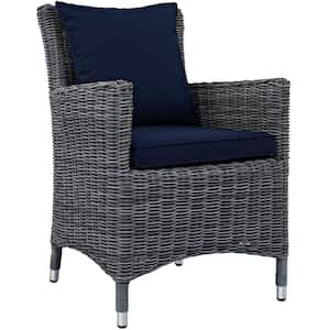 Summon Patio Wicker Outdoor Dining Chair with Sunbrella Canvas Navy Cushions