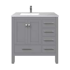 London 36 in. W x 18 in. D x 34 in. H Bathroom Vanity in Gray with White Carrara Marble Top with White Sink