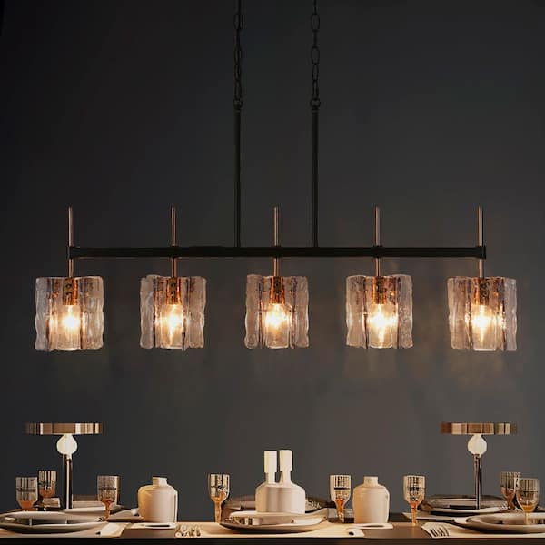 LNC Kristie Modern 5-Light Black and Plated Brass Linear Chandelier with Grey Geometric Ice Glass Shades