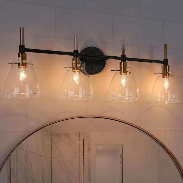 30 in. 4-Light Brass Gold Vanity Light for Bathroom, Modern Black Wall Sconce Lighting with Bell Clear Glass Shades