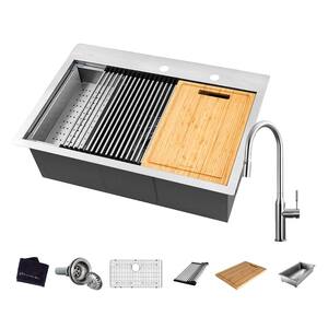 All-in-One Zero Radius Drop-in 18G Stainless Steel 27 in. 2-Hole Single Bowl Workstation Kitchen Sink, Pull-Down Faucet