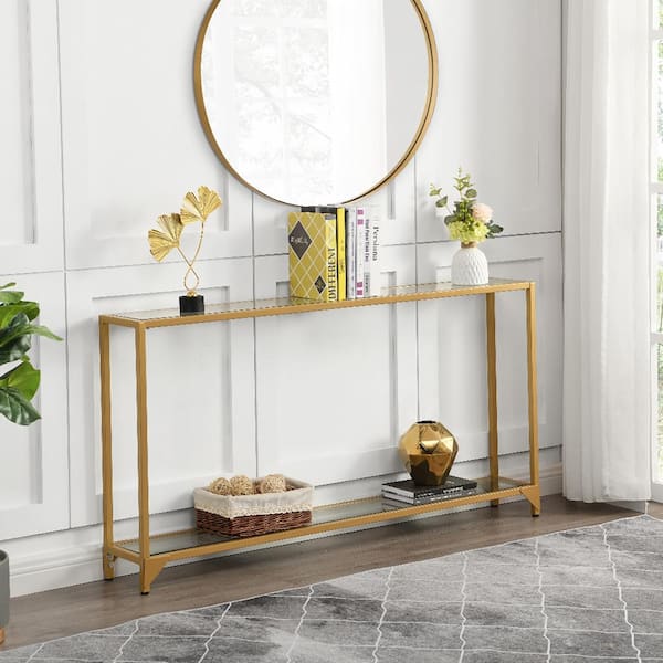 Graydon 56 in. Gold, Clear Rectangle Glass Console Table CL5608G-GLD ...