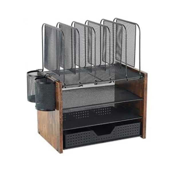 4-Tier Mesh Wood Desktop Organizer Shelf Vertical File Holder with Drawer and Pen Holders for Office Supplies