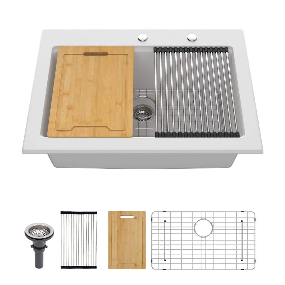 30 in. Drop-in Single Bowl Quartz/Granite Composite Workstation Kitchen Sink in White with Bottom Grid/Accessories price history on PriceWatchPro