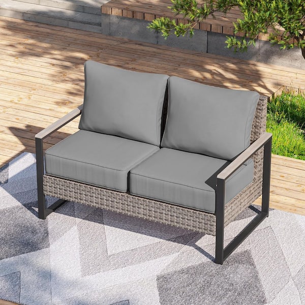 Outdoor Loveseat Sofa Patio Conversation Set 2 Seater Furniture with High Back and Gray Wicker Gray Cushions