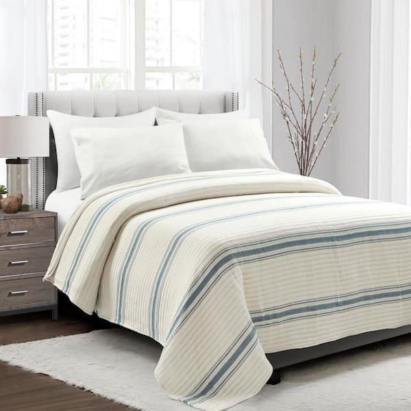 Lush Decor Farmhouse Stripe Kantha Pick Stitch Yarn Dyed Cotton Woven Quilt/Coverlet Blue Single Cotton King