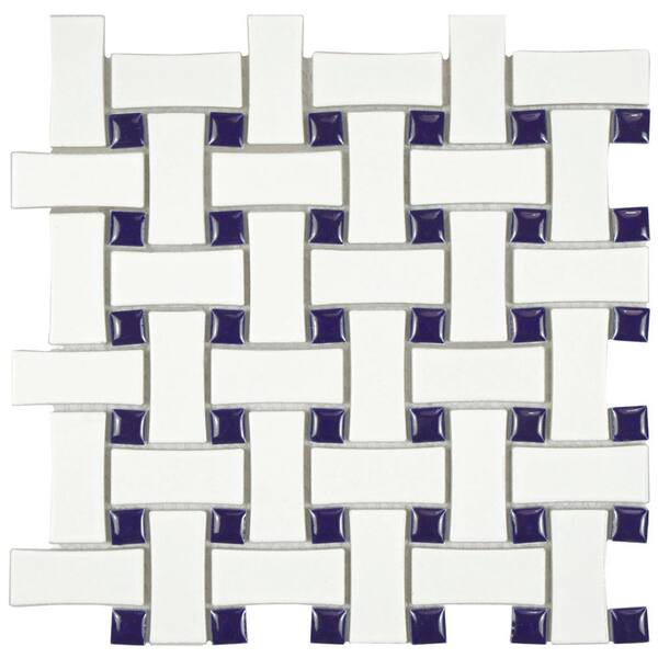 Merola Tile Metro Dog Bone Basket Weave White and Cobalt 10-1/2 in. x 10-1/2 in. x 5 mm Porcelain Mosaic Tile