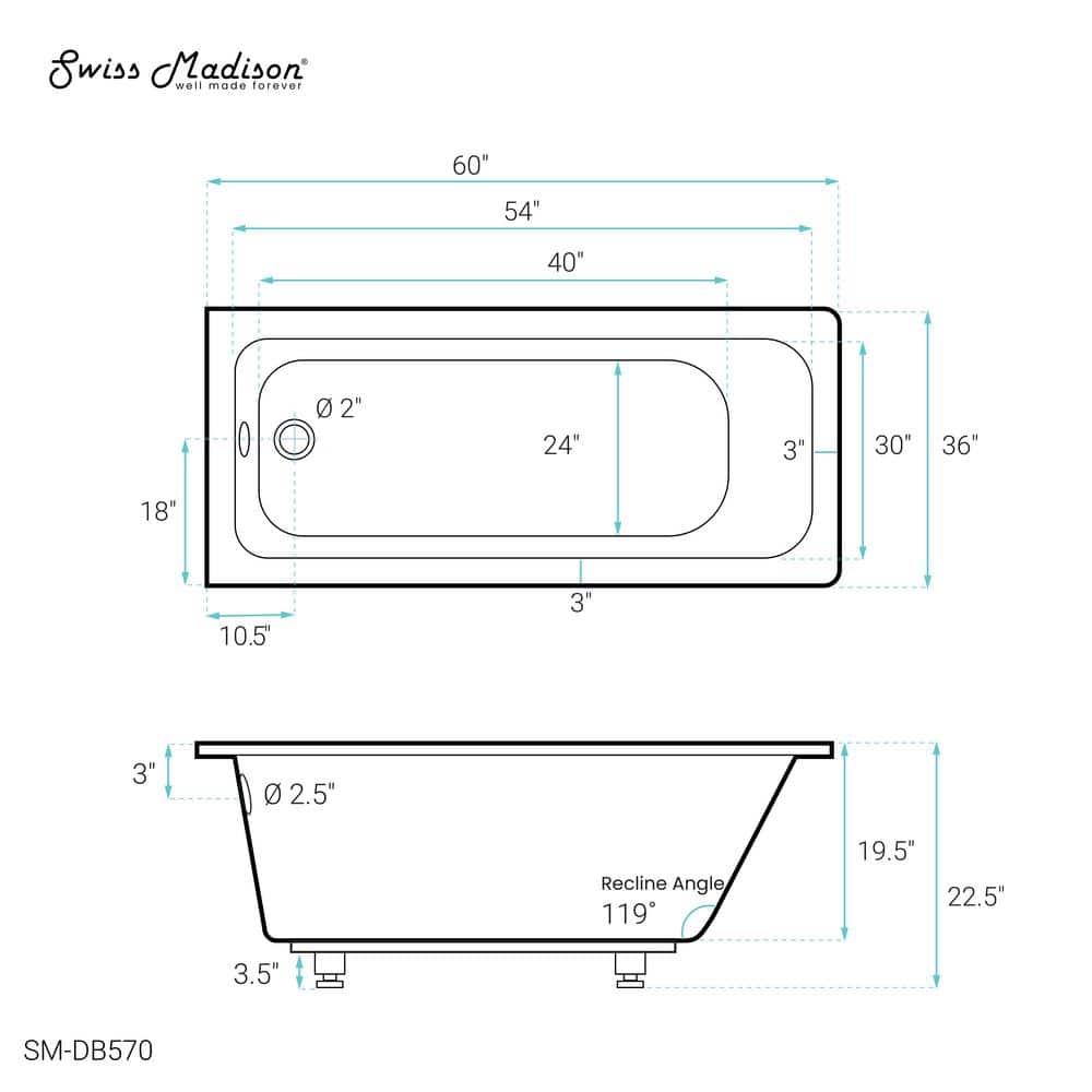 Voltaire 60" White Acrylic Drop-In Bathtub