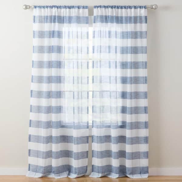 TOWN & COUNTRY BASICS Pax Semi-Sheer Stripe Blue/White 50 in. x 84 in. Sheer Curtain Set (Set of 2)