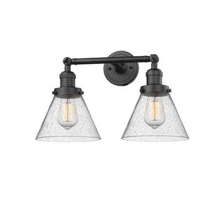 Large Cone 18 in. 2-Light Oil Rubbed Bronze Vanity Light with Seedy Glass Shade