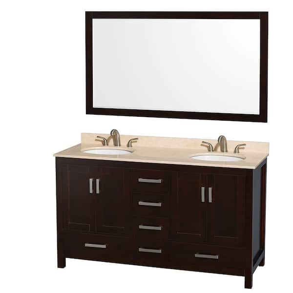 Wyndham Collection Sheffield 60 in. Double Vanity in Espresso with Marble Vanity Top in Ivory and 58 in. Mirror